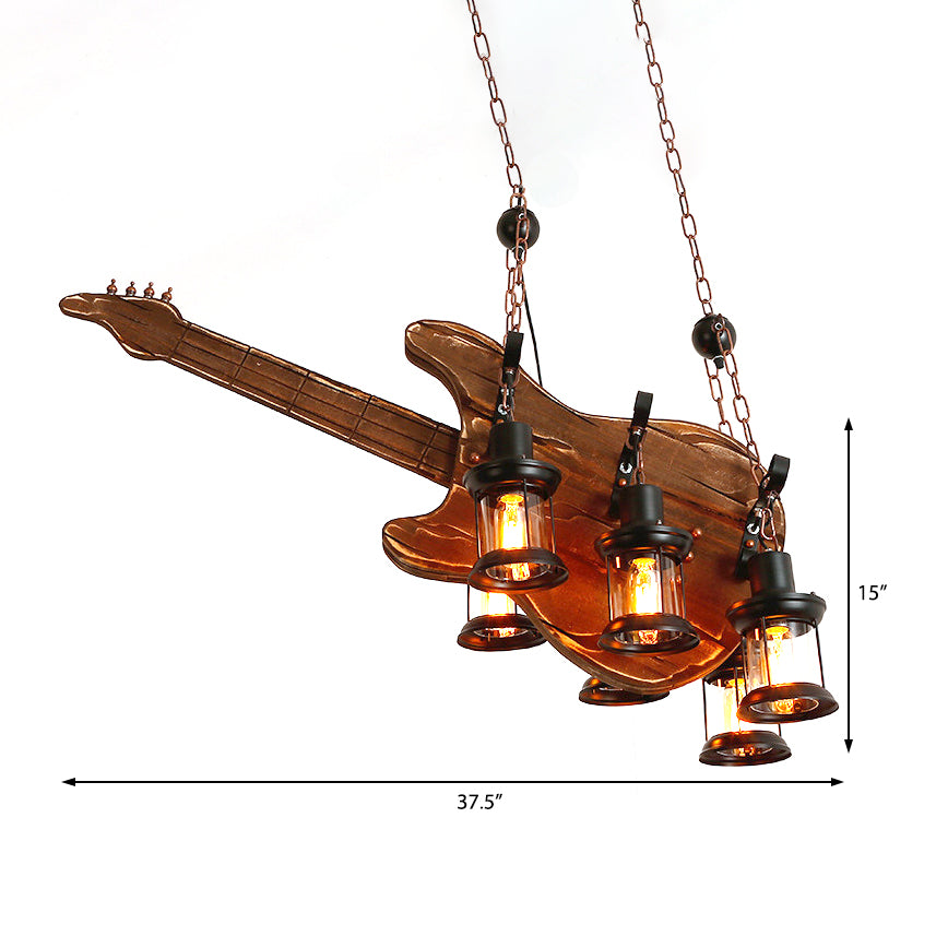 Lustre lanterne côtier marron avec verre transparent et accents en bois - Luminaire suspendu à 6 lumières pour le salon