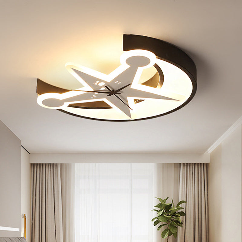 Modern Black Acrylic Clock Flush Ceiling Light with Moon & Star LED for Dining Room