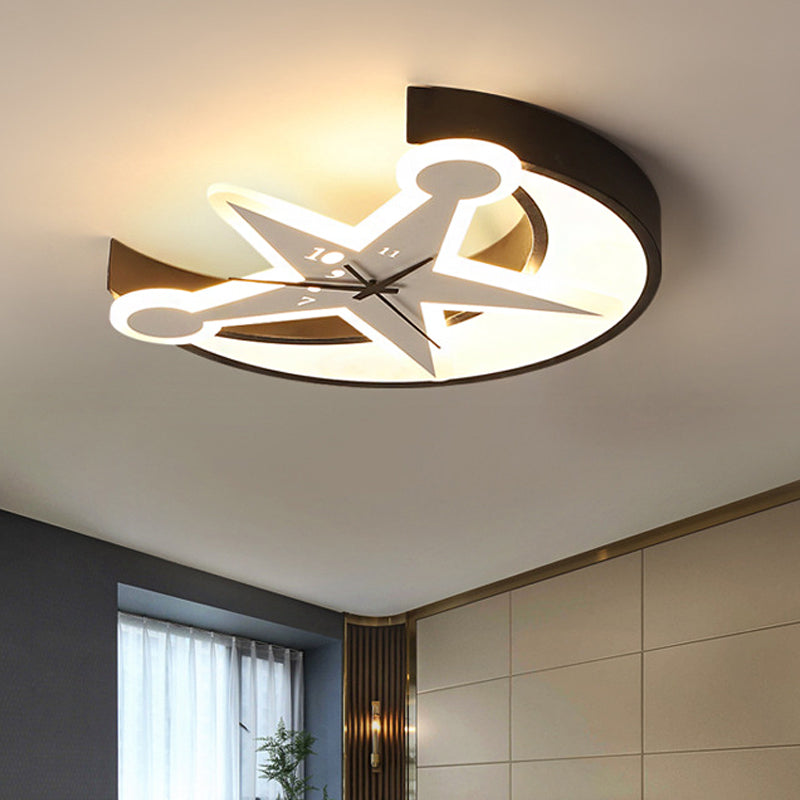 Modern Black Acrylic Clock Flush Ceiling Light with Moon & Star LED for Dining Room