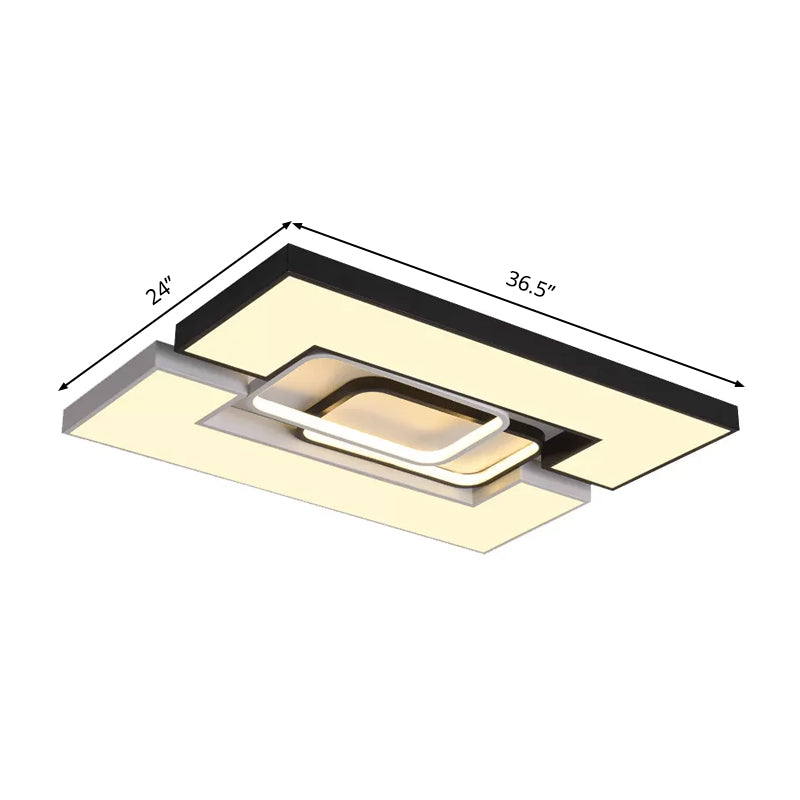 Plafonnier carré/rectangulaire moderne en métal - Plafonnier LED large de 22"/31,5" noir/blanc avec diffuseur encastré - Lumière blanche/chaude