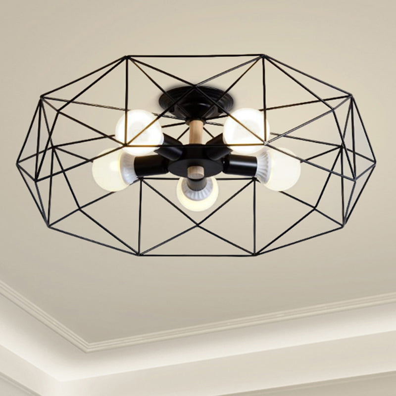 Plafonnier industriel semi-monté en verre opale avec cage en noir/blanc - Éclairage de salon à 3/4/5 ampoules