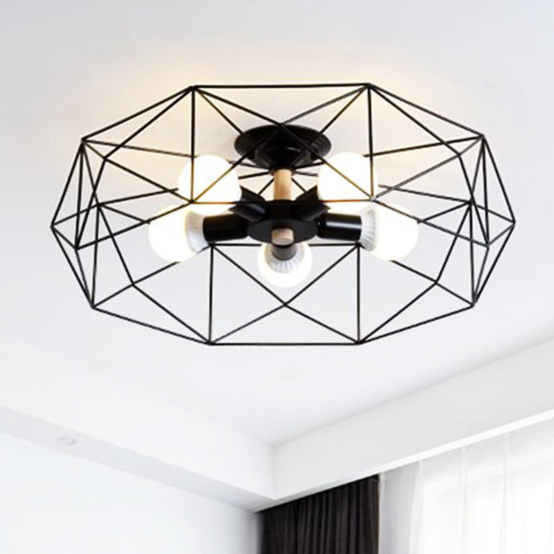 Plafonnier industriel semi-monté en verre opale avec cage en noir/blanc - Éclairage de salon à 3/4/5 ampoules