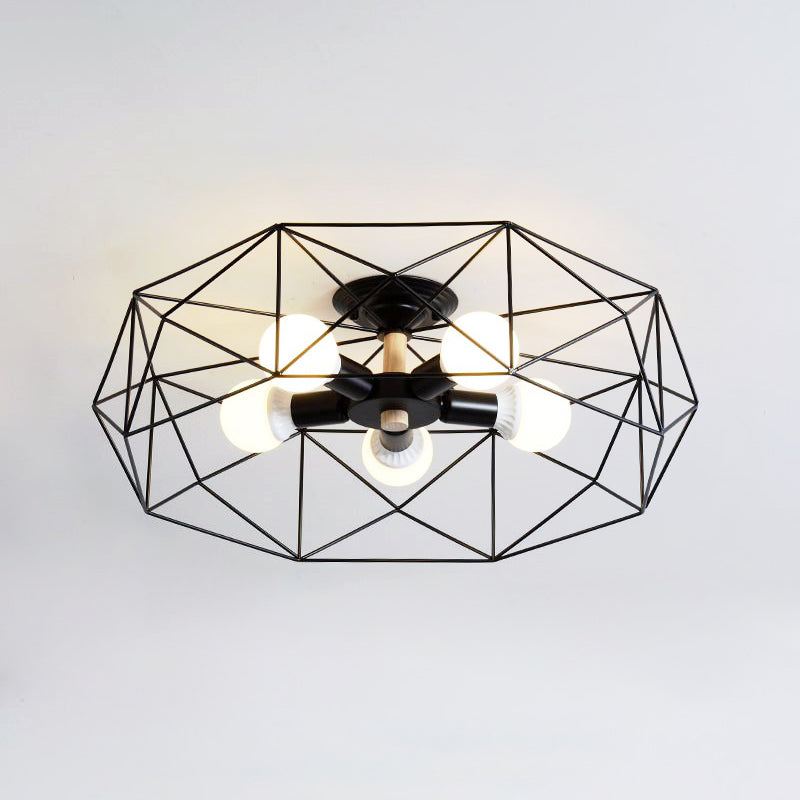 Plafonnier industriel semi-monté en verre opale avec cage en noir/blanc - Éclairage de salon à 3/4/5 ampoules