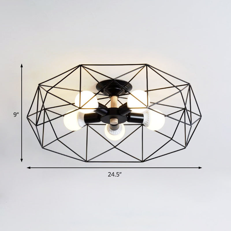 Plafonnier industriel semi-monté en verre opale avec cage en noir/blanc - Éclairage de salon à 3/4/5 ampoules