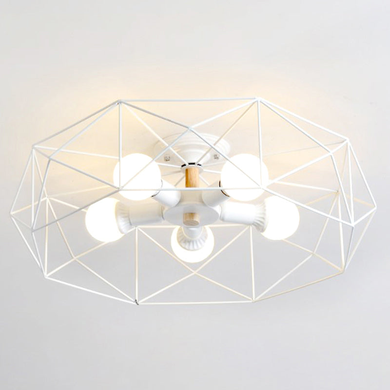 Plafonnier industriel semi-monté en verre opale avec cage en noir/blanc - Éclairage de salon à 3/4/5 ampoules