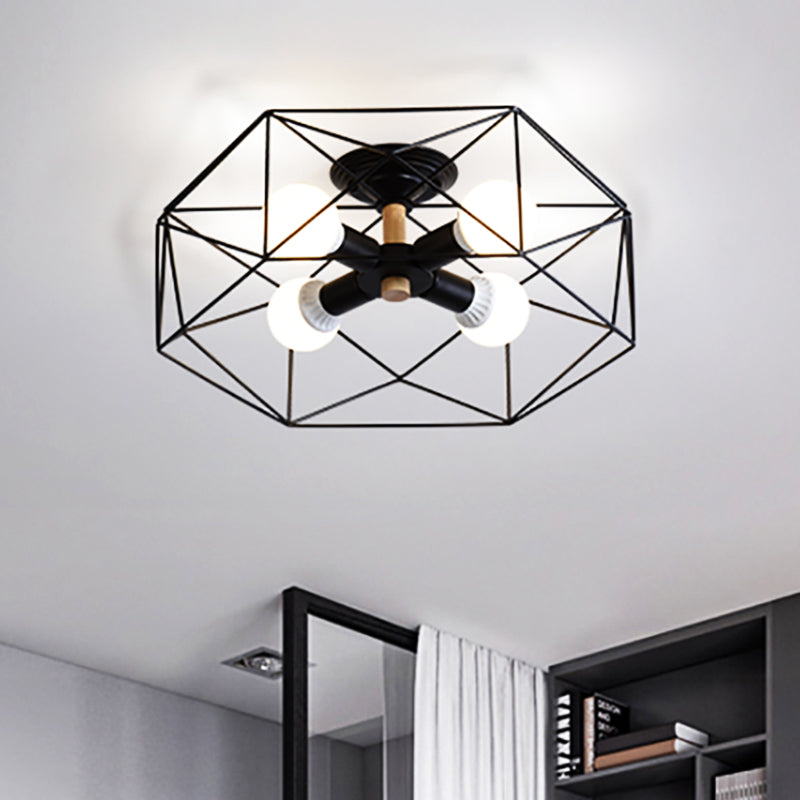 Plafonnier industriel semi-monté en verre opale avec cage en noir/blanc - Éclairage de salon à 3/4/5 ampoules