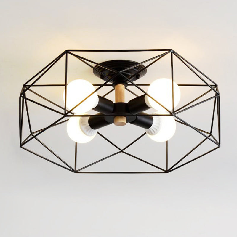 Plafonnier industriel semi-monté en verre opale avec cage en noir/blanc - Éclairage de salon à 3/4/5 ampoules