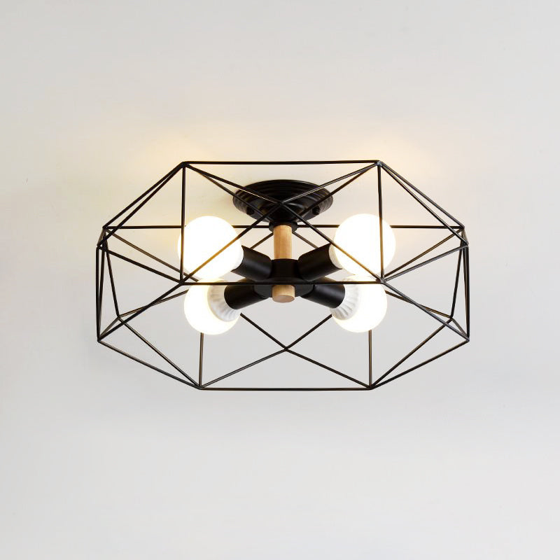 Plafonnier industriel semi-monté en verre opale avec cage en noir/blanc - Éclairage de salon à 3/4/5 ampoules