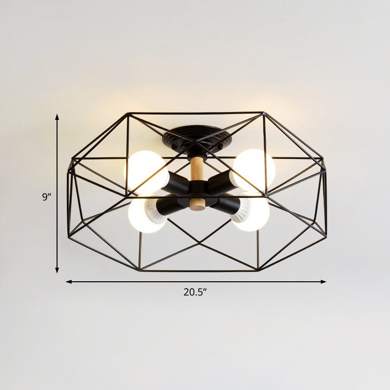 Plafonnier industriel semi-monté en verre opale avec cage en noir/blanc - Éclairage de salon à 3/4/5 ampoules