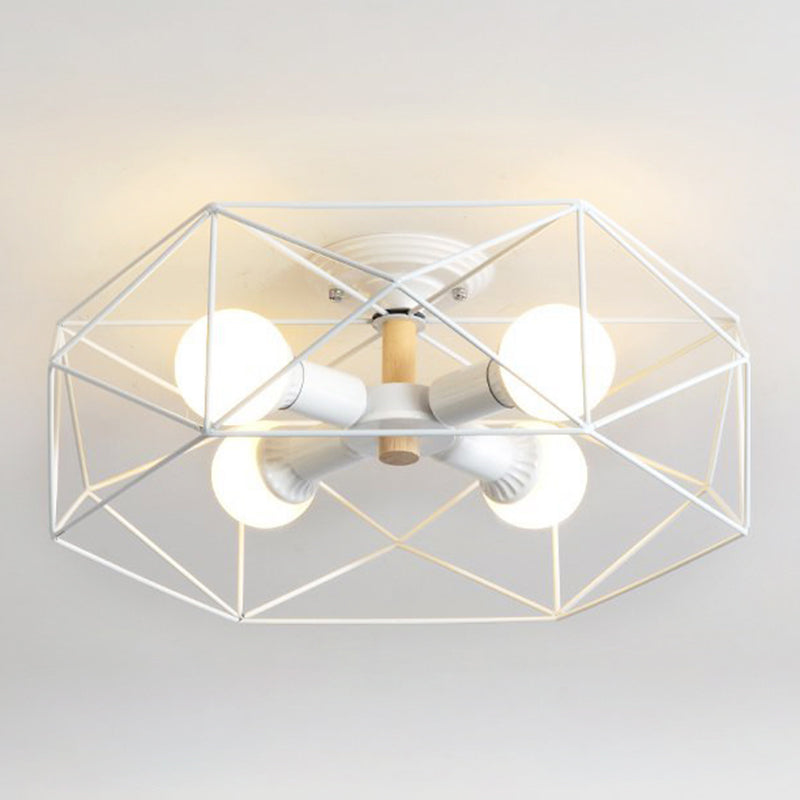 Plafonnier industriel semi-monté en verre opale avec cage en noir/blanc - Éclairage de salon à 3/4/5 ampoules