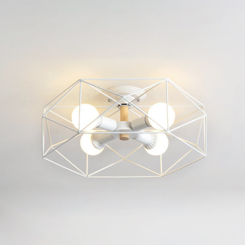 Plafonnier industriel semi-monté en verre opale avec cage en noir/blanc - Éclairage de salon à 3/4/5 ampoules