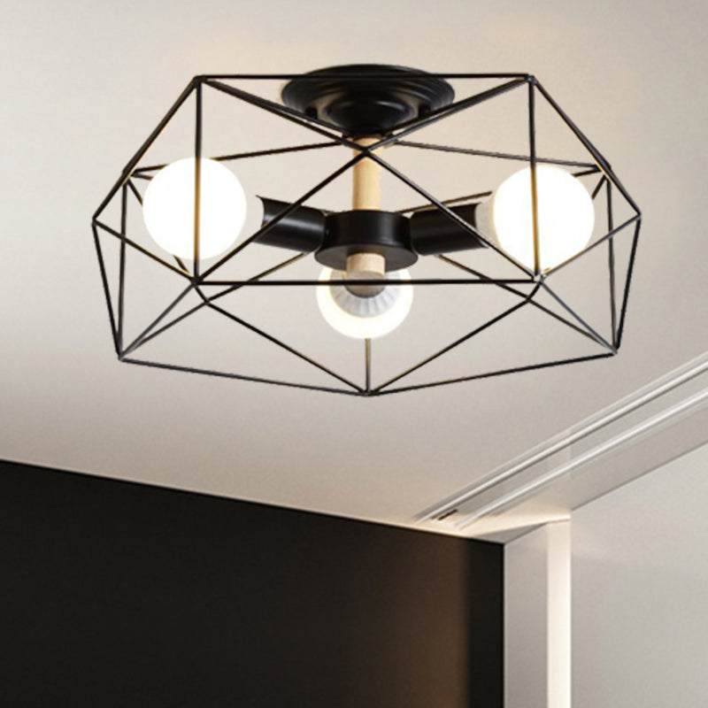 Plafonnier industriel semi-monté en verre opale avec cage en noir/blanc - Éclairage de salon à 3/4/5 ampoules