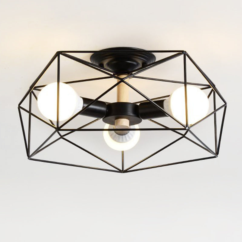 Plafonnier industriel semi-monté en verre opale avec cage en noir/blanc - Éclairage de salon à 3/4/5 ampoules