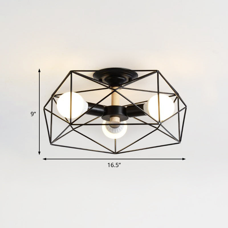 Plafonnier industriel semi-monté en verre opale avec cage en noir/blanc - Éclairage de salon à 3/4/5 ampoules