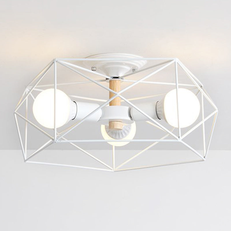 Plafonnier industriel semi-monté en verre opale avec cage en noir/blanc - Éclairage de salon à 3/4/5 ampoules