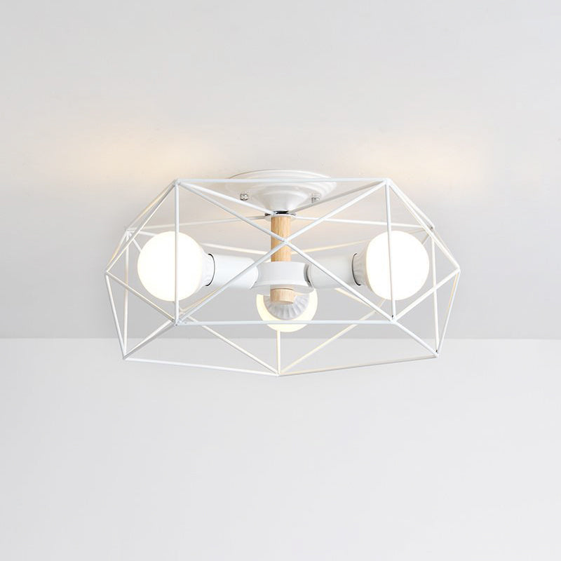 Plafonnier industriel semi-monté en verre opale avec cage en noir/blanc - Éclairage de salon à 3/4/5 ampoules