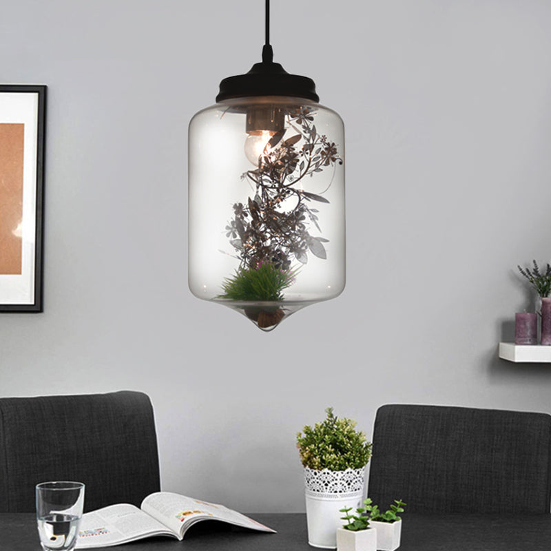 Contemporary 1 Light Hanging Lamp with Clear Glass Shade and Plant Decoration – Pendant Lamp in Multiple Shapes and Sizes