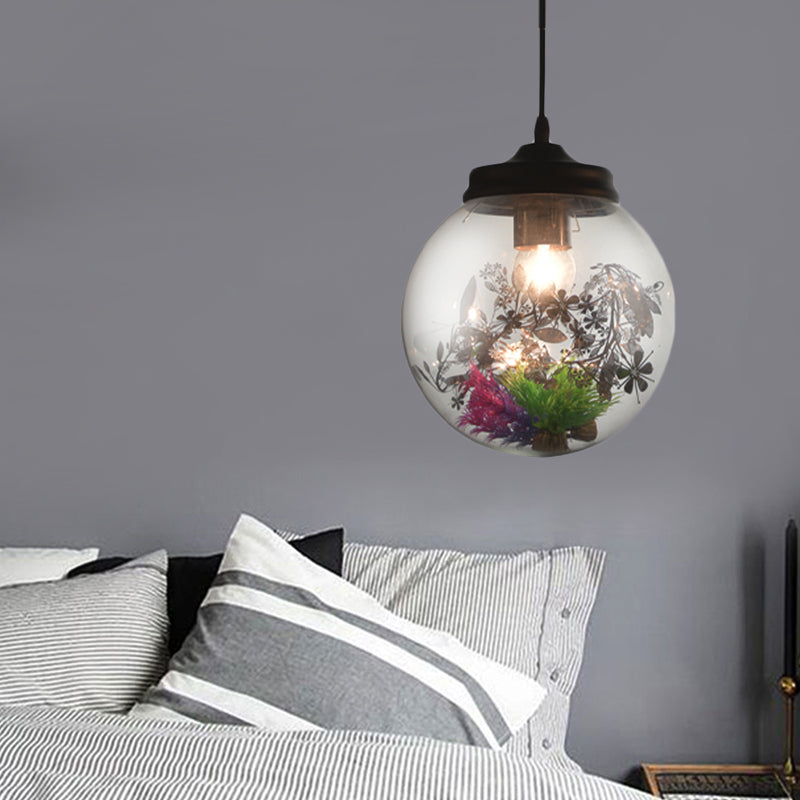 Contemporary 1 Light Hanging Lamp with Clear Glass Shade and Plant Decoration – Pendant Lamp in Multiple Shapes and Sizes