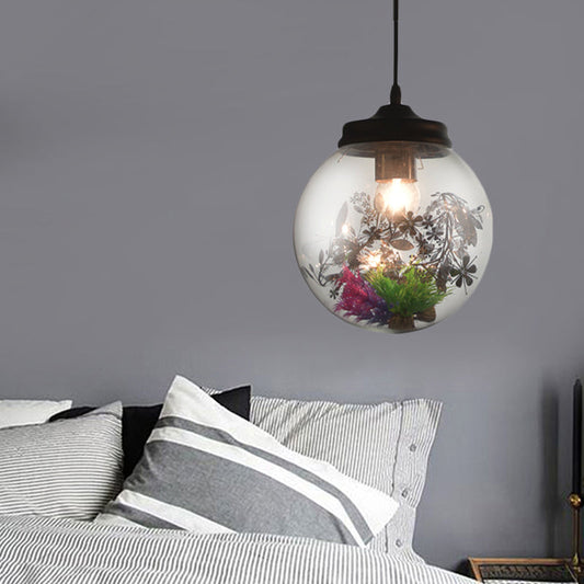 Contemporary 1 Light Hanging Lamp with Clear Glass Shade and Plant Decoration – Pendant Lamp in Multiple Shapes and Sizes