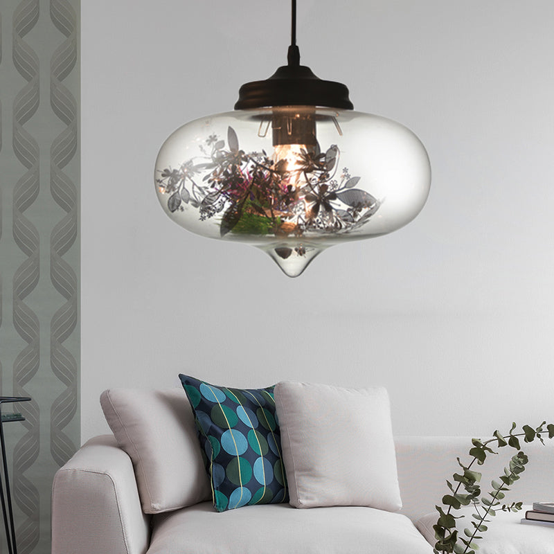 Modern Hanging Lamp With Plant Decoration Clear Glass Shade And Pendant Design 3 Sizes Available