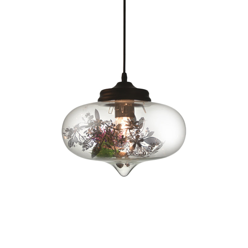 Contemporary 1 Light Hanging Lamp with Clear Glass Shade and Plant Decoration – Pendant Lamp in Multiple Shapes and Sizes