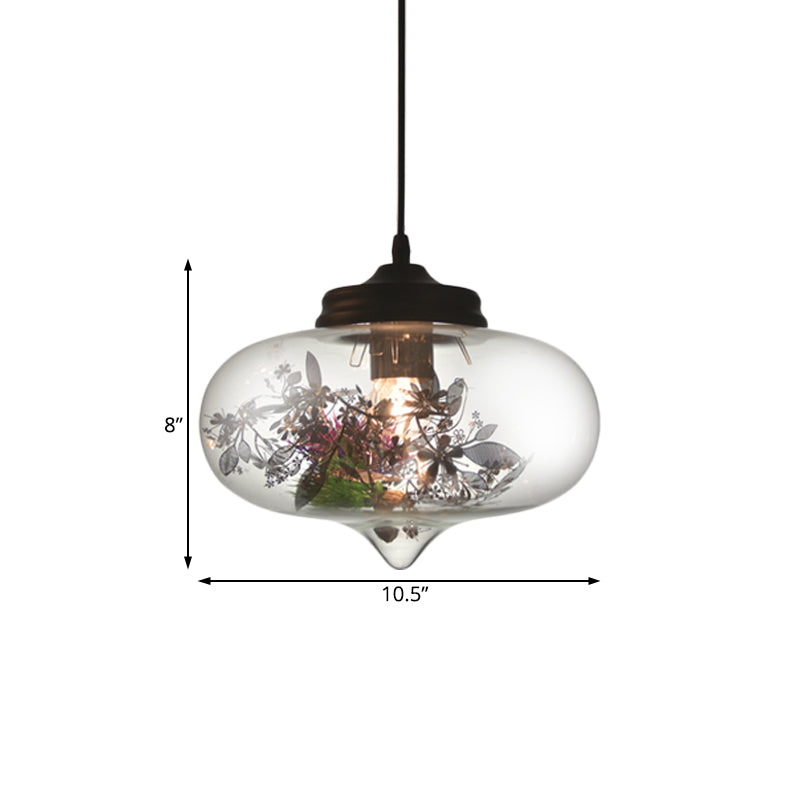 Modern Hanging Lamp With Plant Decoration Clear Glass Shade And Pendant Design 3 Sizes Available