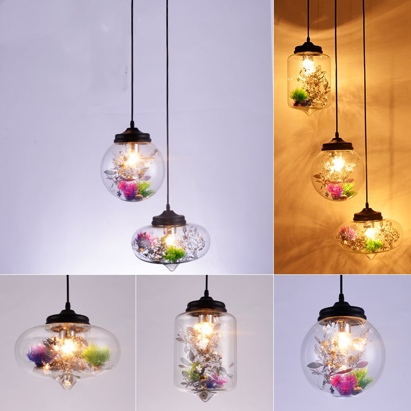 Modern Hanging Lamp With Plant Decoration Clear Glass Shade And Pendant Design 3 Sizes Available /
