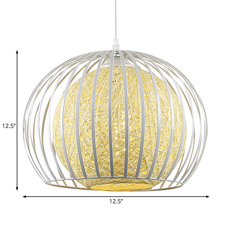Globe Beige Cotton Shade Pendant Light Kit with Wire Cage - Modern Suspension for Dining Room, 1 Light