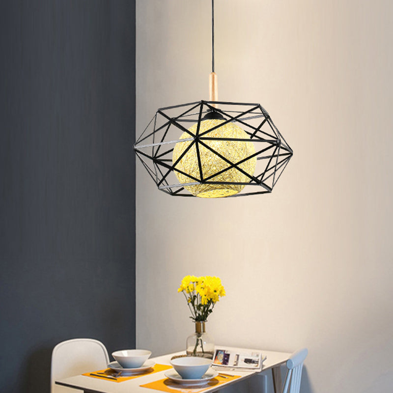 Modern Black Wire Cage Pendant Ceiling Light - Stylish Dining Room Hanging Lamp Kit with 1 Light