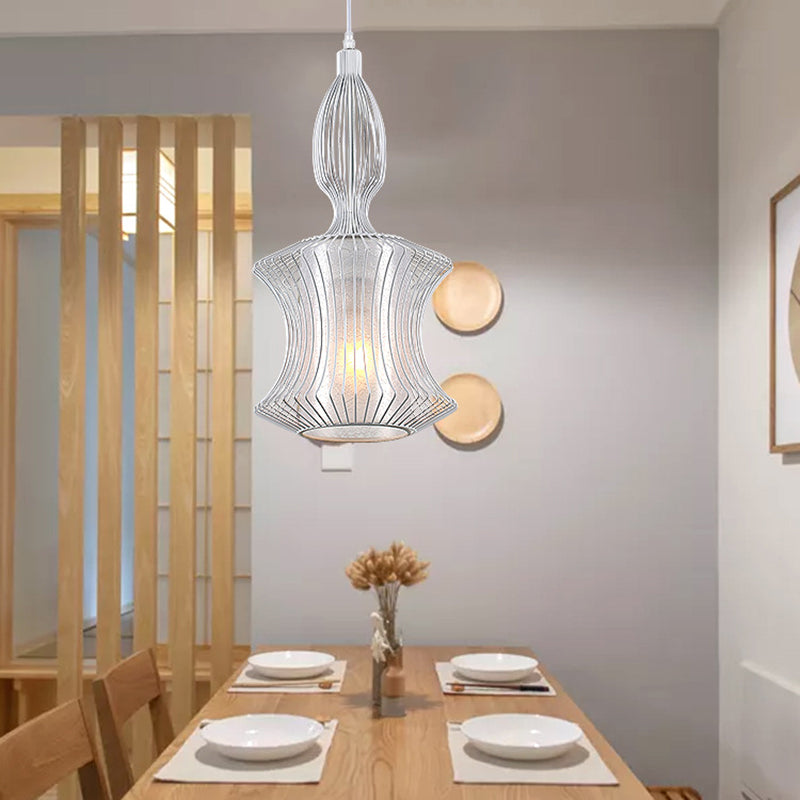 Modern Silver Lantern Pendant Light With Metal Cage And Cylinder Shade