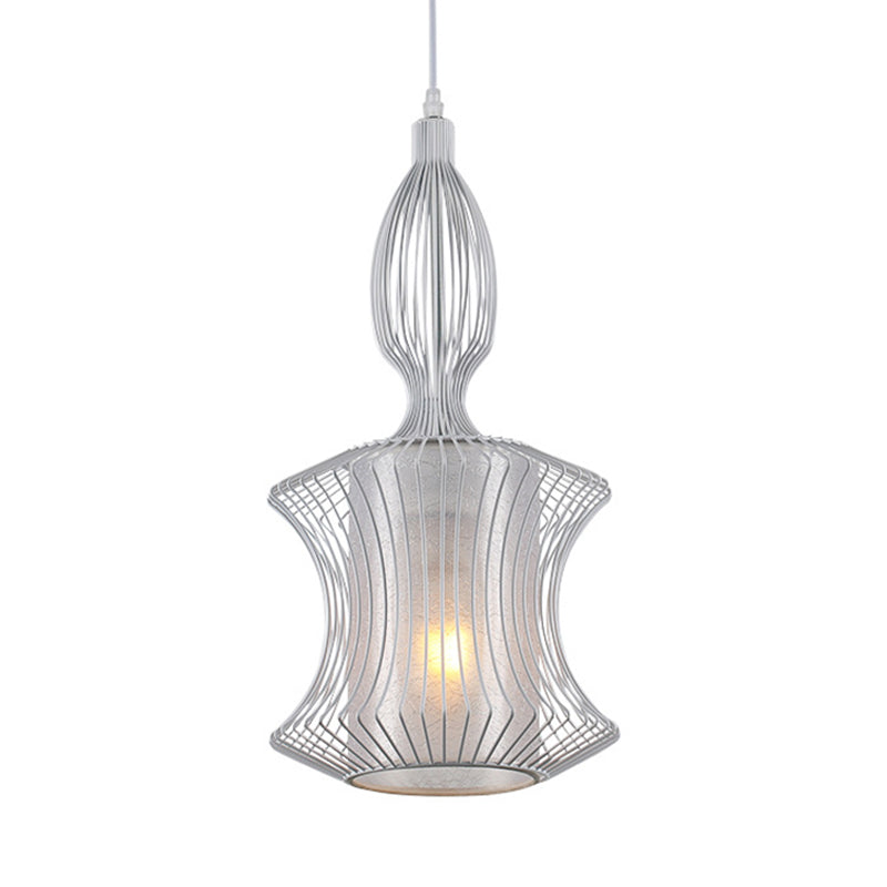 Modern Silver Lantern Pendant Light With Metal Cage And Cylinder Shade