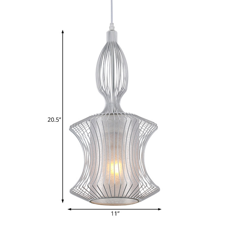Modern Silver Lantern Pendant Light With Metal Cage And Cylinder Shade