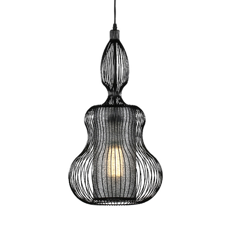 Gourd Cage Pendant Light - Simple Style Metal Black Hanging Light with Cylinder Shade