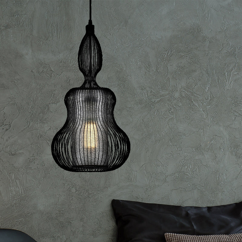 Gourd Cage Pendant Light - Simple Style Metal Black Hanging Light with Cylinder Shade