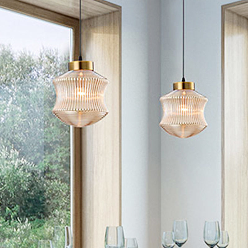 Contemporary Lantern Pendant Light with Prismatic Glass - Amber/Smoke Gray, Gold Finish