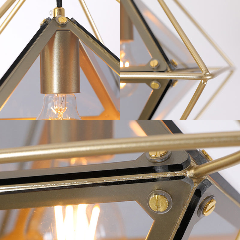 Contemporary 1-Light Pendant with Amber/Smoke Gray Glass Shade - Polygon Ceiling Lamp with Black/Gold Frame