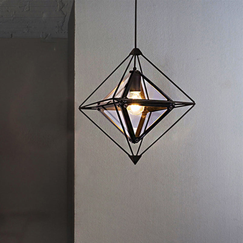 Contemporary 1-Light Pendant with Amber/Smoke Gray Glass Shade - Polygon Ceiling Lamp with Black/Gold Frame