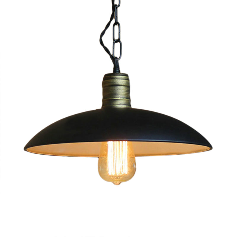 Retro Style Metallic Black Ceiling Light with Bowl Shade and Hanging Chain - 10"/12.5" W - 1 Bulb