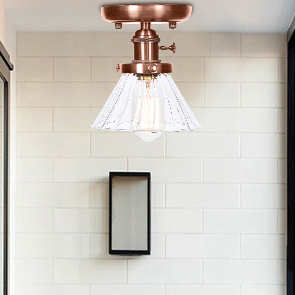 Plafonnier semi-encastré en cuivre vieilli industriel avec verre transparent/ambre - Luminaire à 1 ampoule en forme de cône/cloche