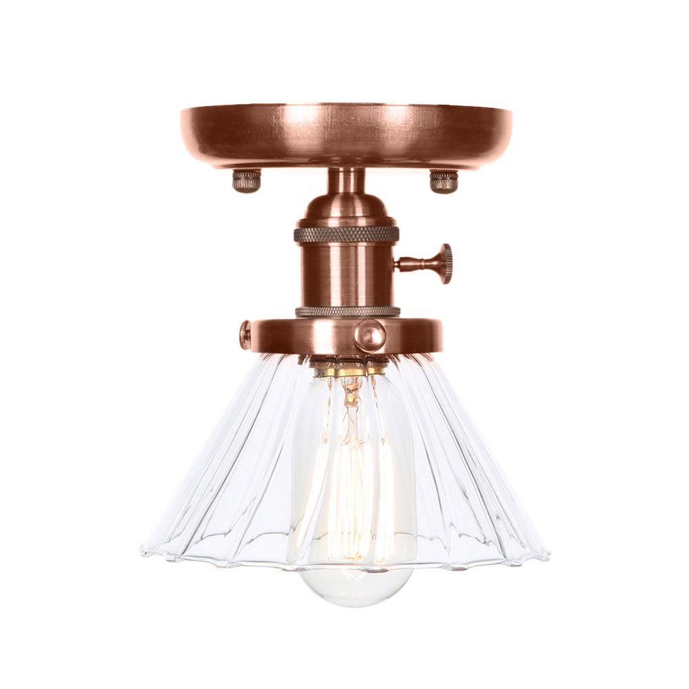 Plafonnier semi-encastré en cuivre vieilli industriel avec verre transparent/ambre - Luminaire à 1 ampoule en forme de cône/cloche