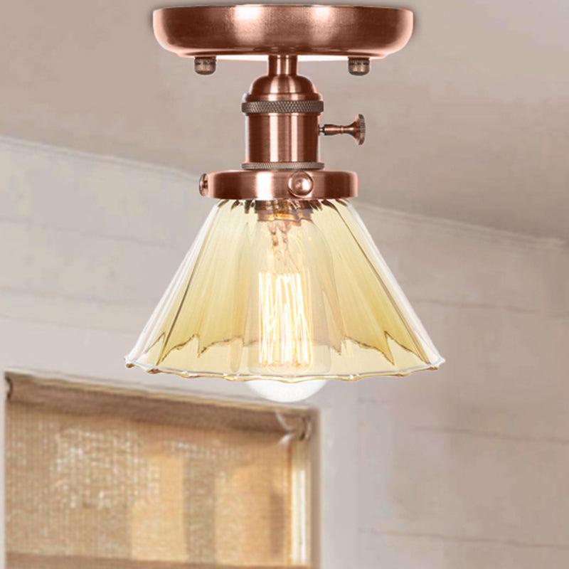 Plafonnier semi-encastré en cuivre vieilli industriel avec verre transparent/ambre - Luminaire à 1 ampoule en forme de cône/cloche