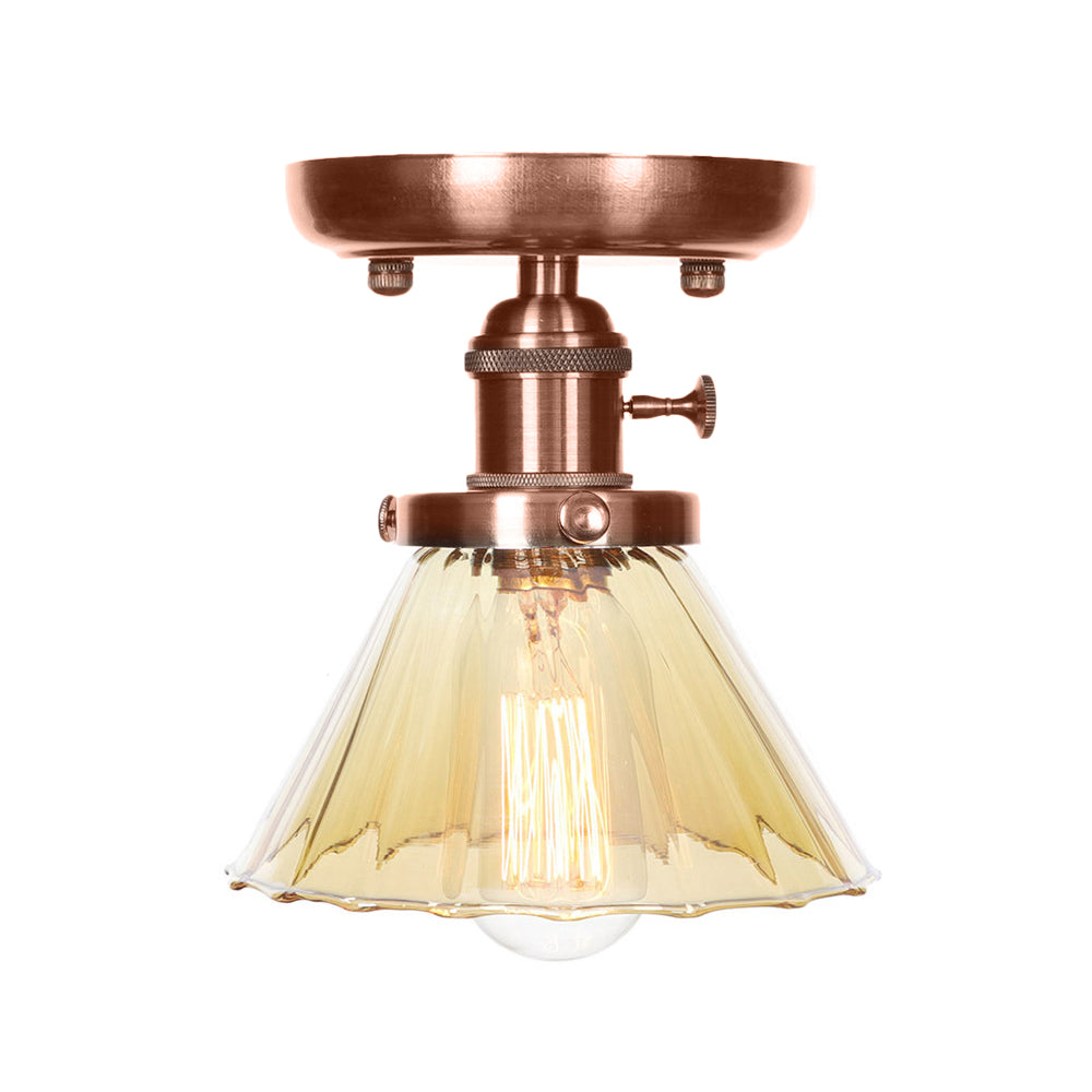 Plafonnier semi-encastré en cuivre vieilli industriel avec verre transparent/ambre - Luminaire à 1 ampoule en forme de cône/cloche