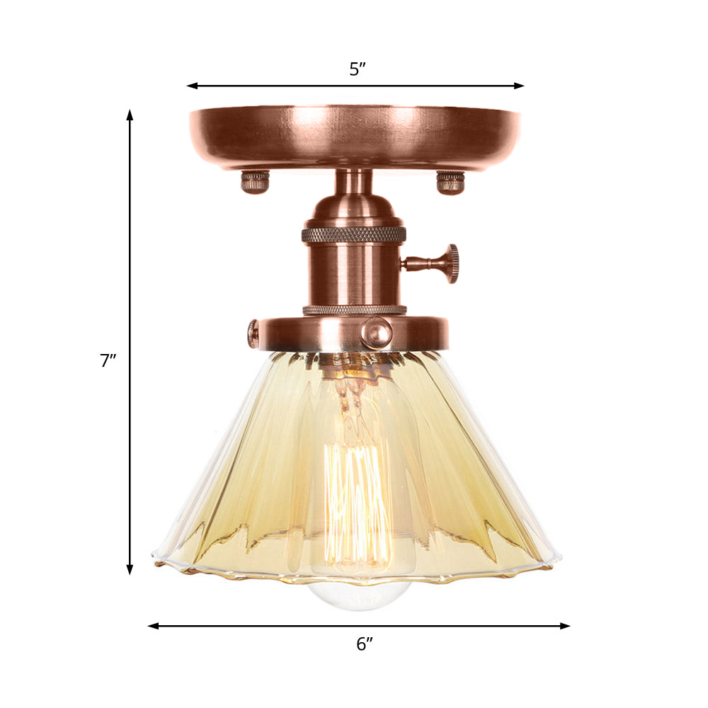 Plafonnier semi-encastré en cuivre vieilli industriel avec verre transparent/ambre - Luminaire à 1 ampoule en forme de cône/cloche
