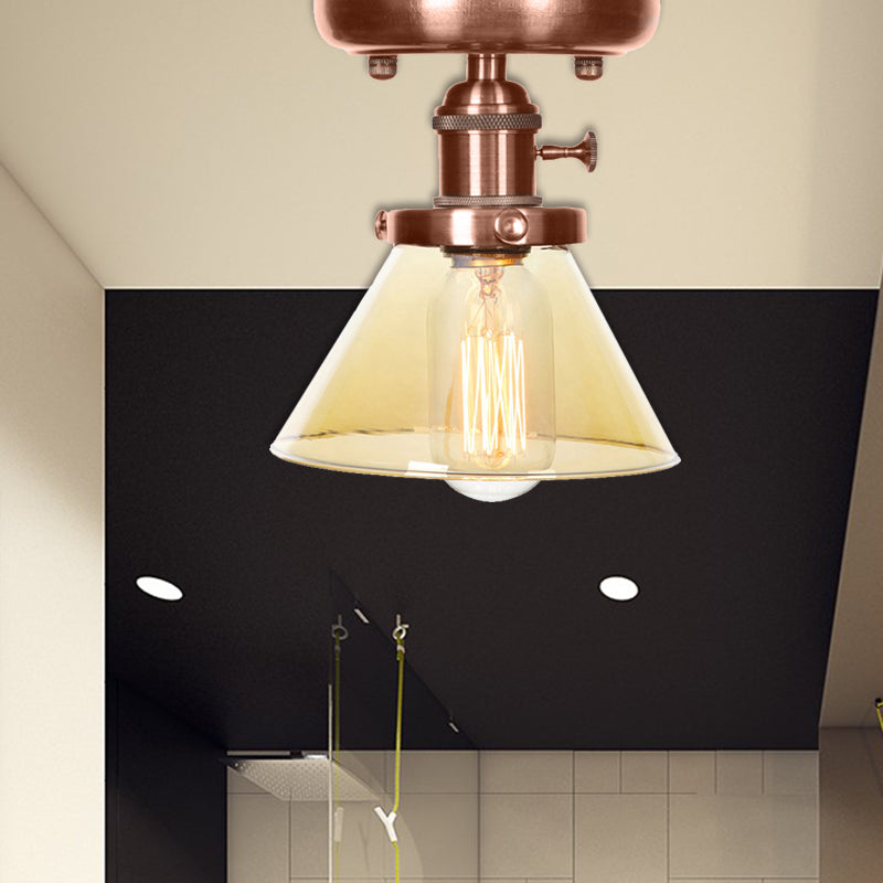 Plafonnier semi-encastré en cuivre vieilli industriel avec verre transparent/ambre - Luminaire à 1 ampoule en forme de cône/cloche