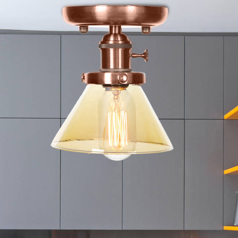Plafonnier semi-encastré en cuivre vieilli industriel avec verre transparent/ambre - Luminaire à 1 ampoule en forme de cône/cloche