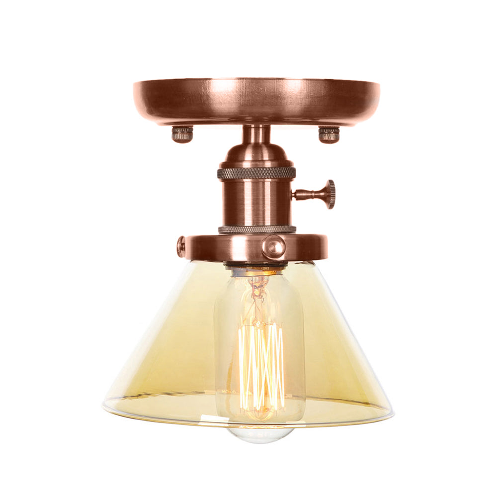 Plafonnier semi-encastré en cuivre vieilli industriel avec verre transparent/ambre - Luminaire à 1 ampoule en forme de cône/cloche