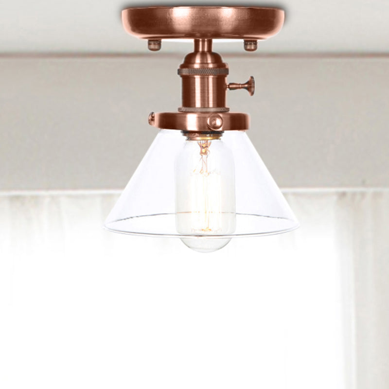 Plafonnier semi-encastré en cuivre vieilli industriel avec verre transparent/ambre - Luminaire à 1 ampoule en forme de cône/cloche