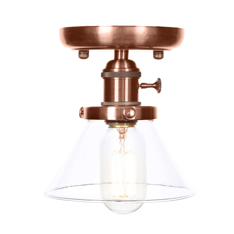 Plafonnier semi-encastré en cuivre vieilli industriel avec verre transparent/ambre - Luminaire à 1 ampoule en forme de cône/cloche