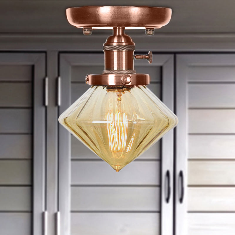 Plafonnier semi-encastré en cuivre vieilli industriel avec verre transparent/ambre - Luminaire à 1 ampoule en forme de cône/cloche