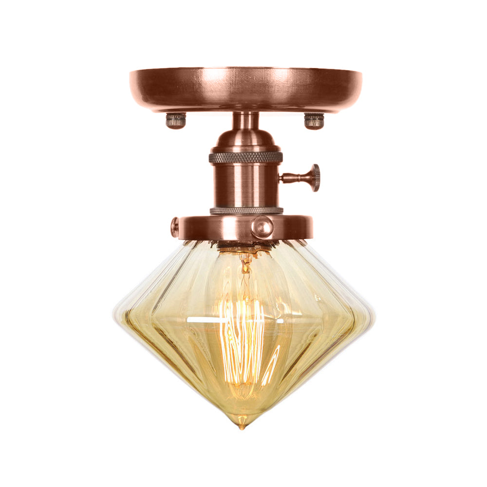 Plafonnier semi-encastré en cuivre vieilli industriel avec verre transparent/ambre - Luminaire à 1 ampoule en forme de cône/cloche